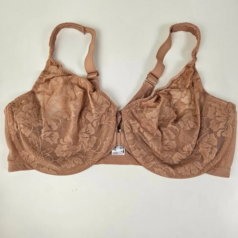 Glamorise Lacey T‎ Back Front Close Wonderwire Underwire Bra 42F Dark Nude Beige